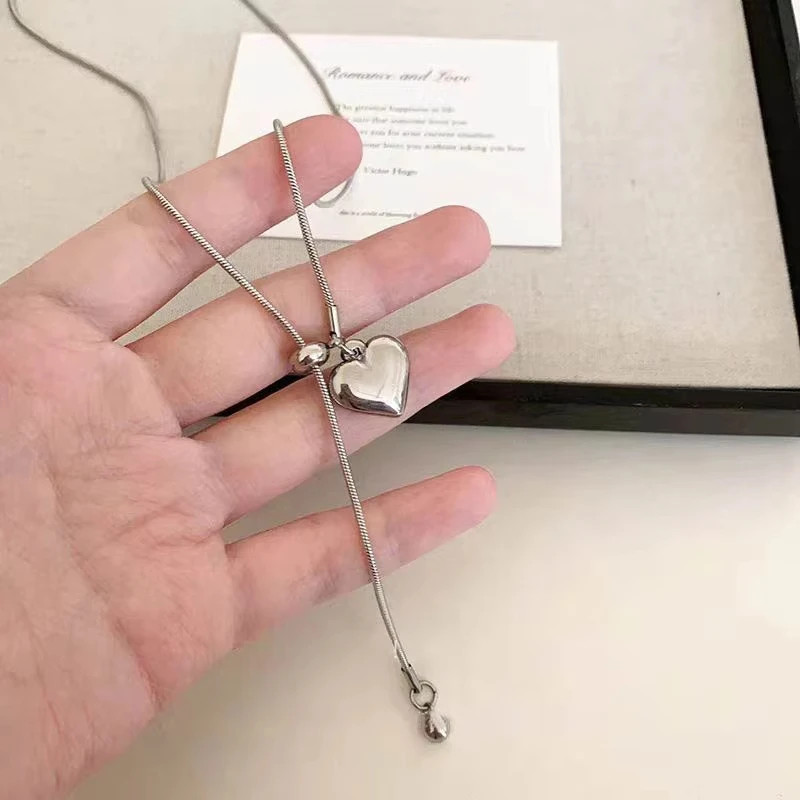 Stainless Steel Heart Pendant Necklace Women Adjustable Long Chain Jewelry Gift