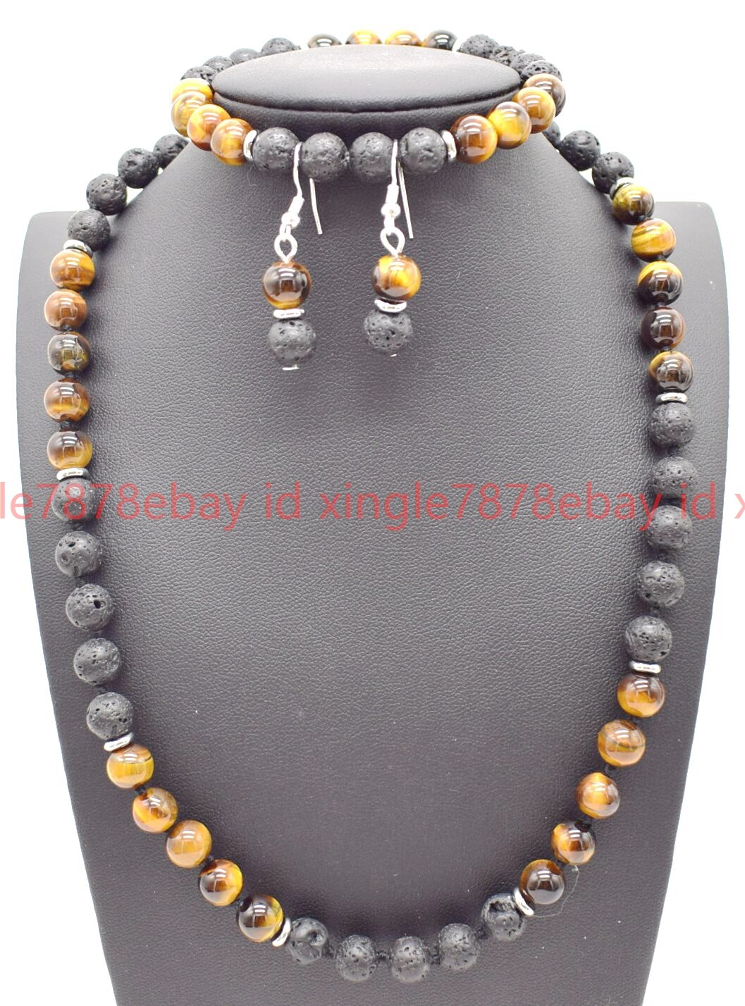Natural 8mm Tiger’s Eye Lava Gems Round Bead Necklace Bracelet Earring 18/7.5in