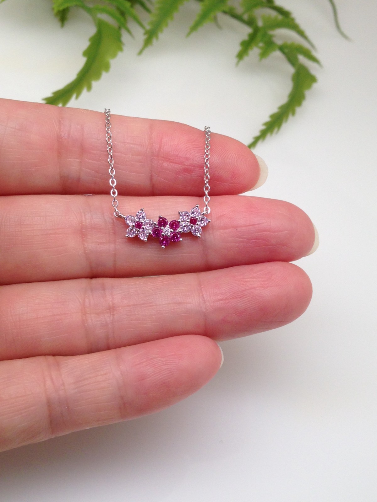925 Sterling Silver CZ Triple Pink Flower Pendant Necklace Women Girl 16mm 17.5″