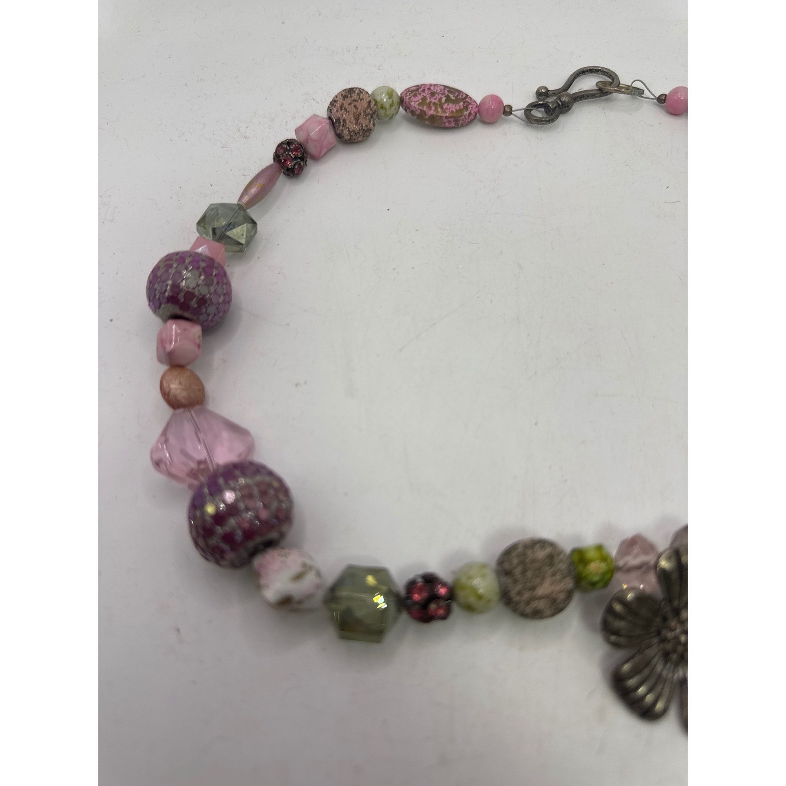 Boho Mixed Bead Flower Pendant Necklace Pink Green Glass Ceramic 23 Inch