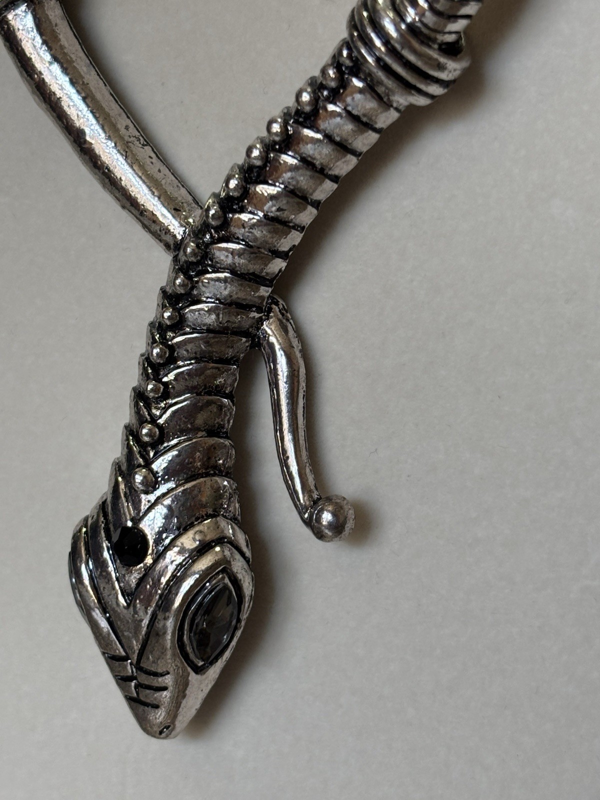 Silver Plated Snake Pendant Necklace Gray Marquise Crystal Eyes Adjustable