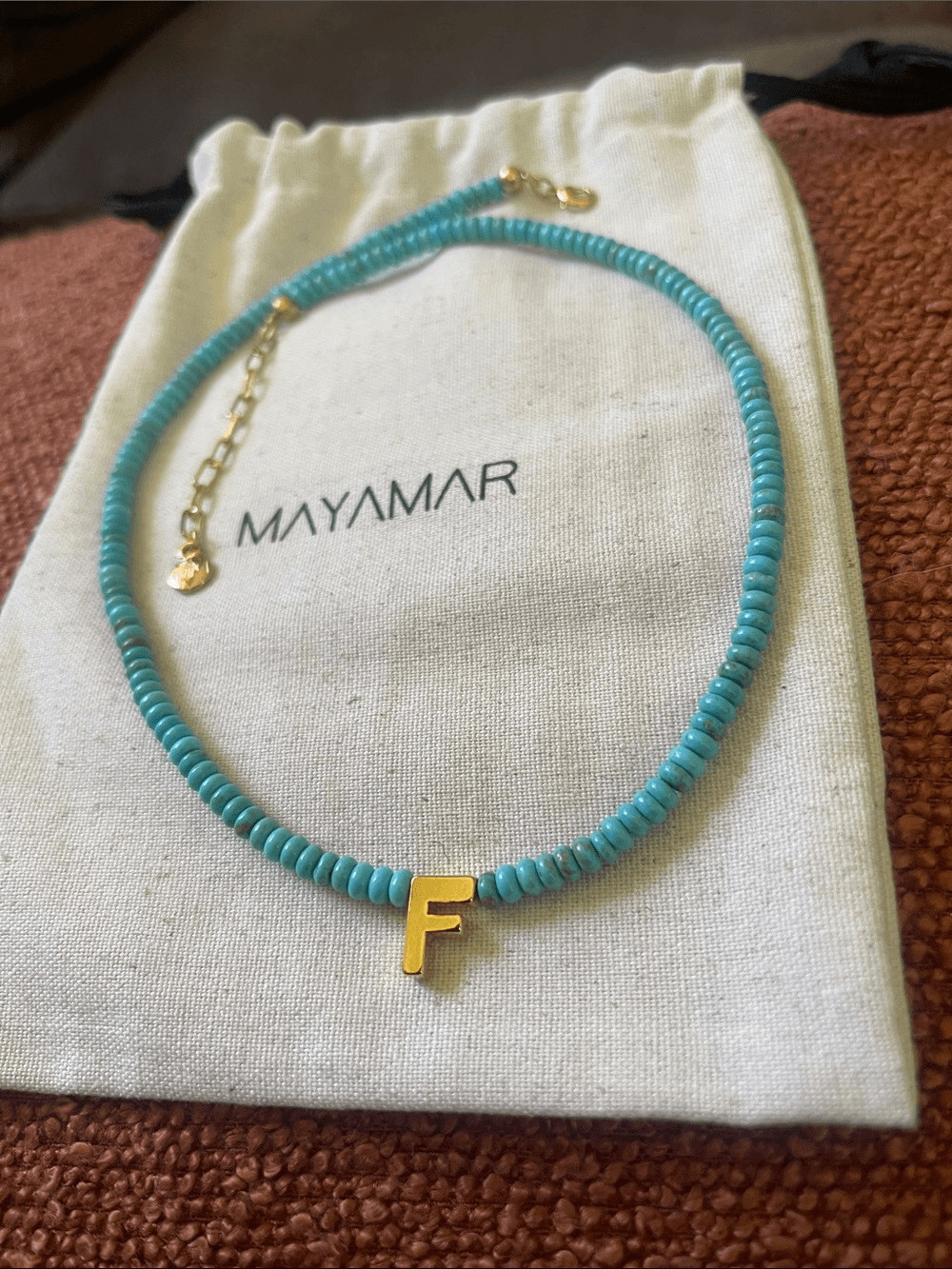 F – Initial Turquoise Beaded Necklace by Mayamar