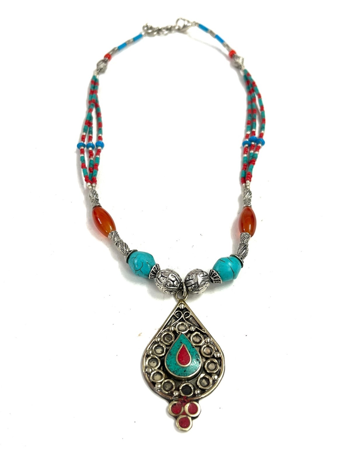 Ethnic Turquoise Carnelian Gemstone Tibetan Necklace Jewelry, 16 Inc Adjst