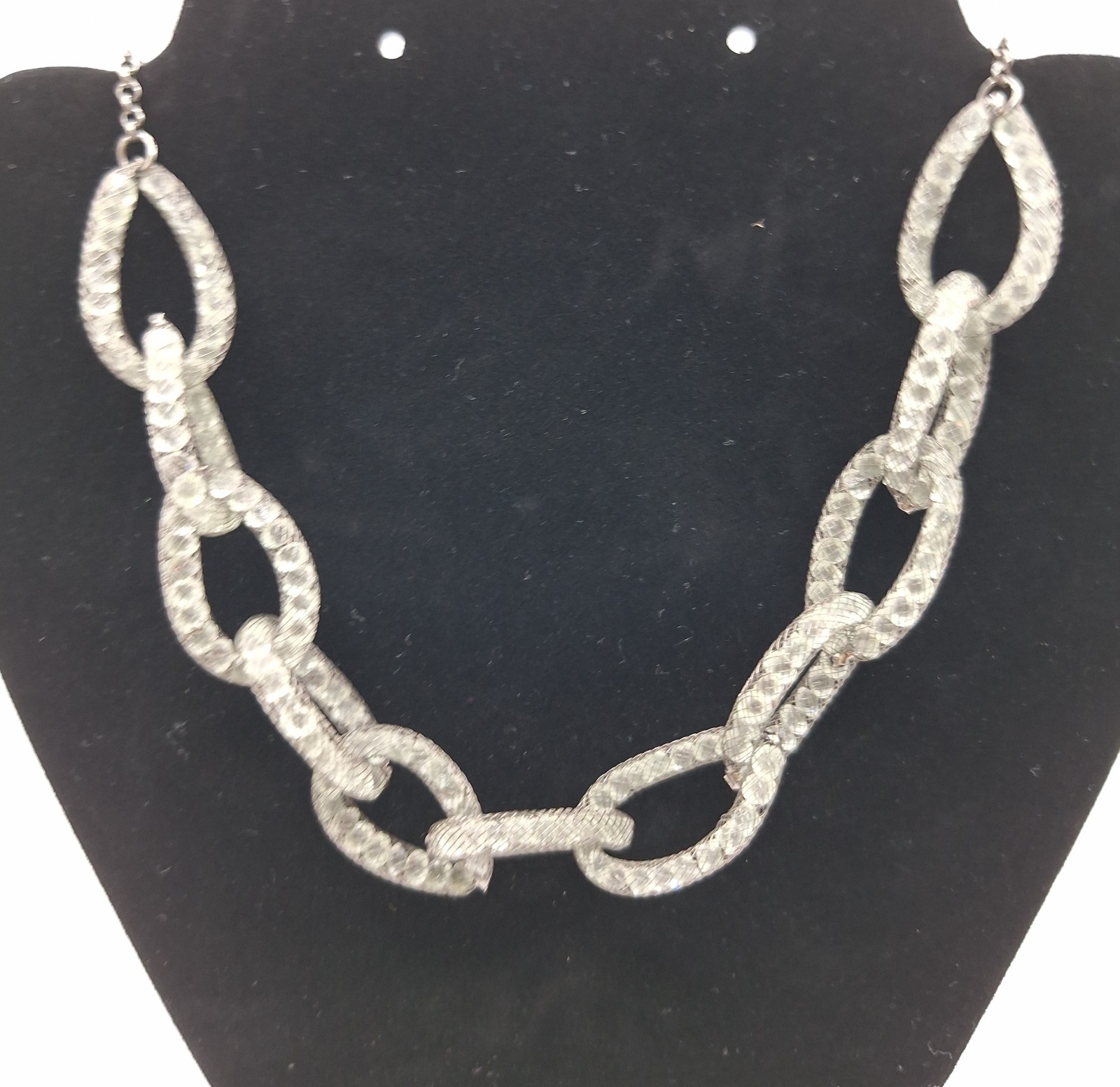 Black Mesh Tube Link Necklace Clear Rhinestone Bead Statement Jewelry