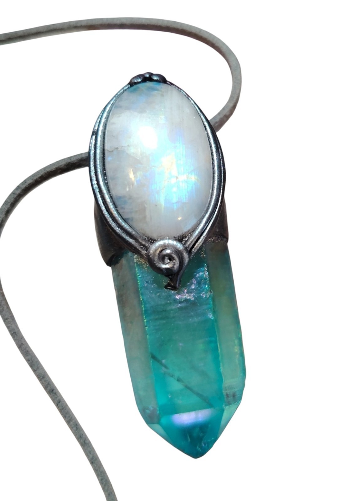 Moonlight. Moonstone Aqua Aura Quartz Crystal Pendant Necklace. Spiritual Gifts