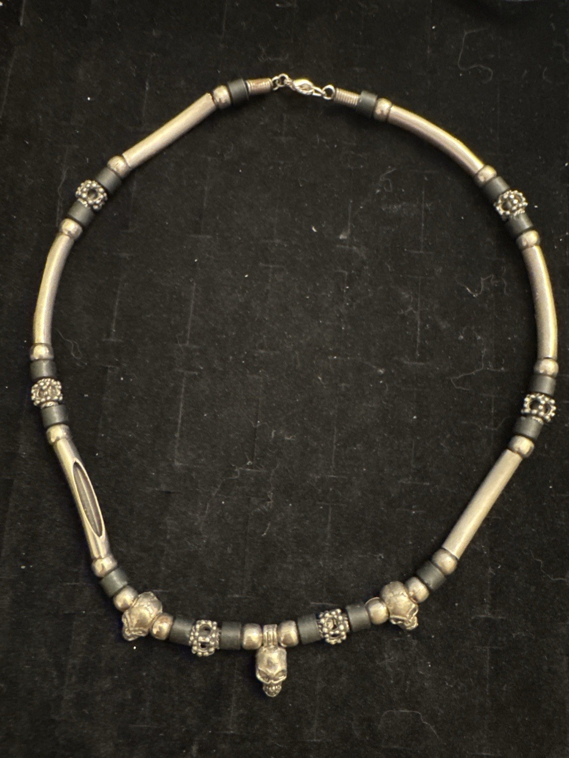Vintage Silver Tone Skull Necklace Black Rubber Cord Gothic Punk Biker Statement