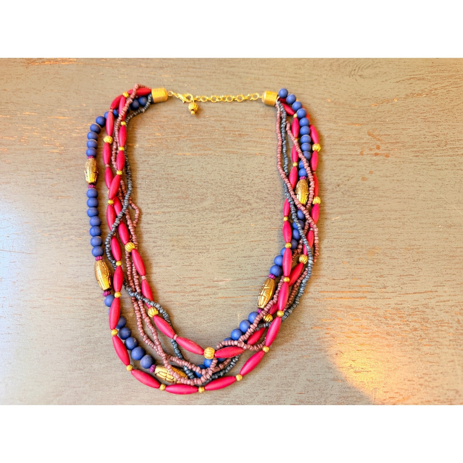 Multi Strand Beaded Statement Necklace Pink Blue Gold Tone Boho Layered 22 Inch