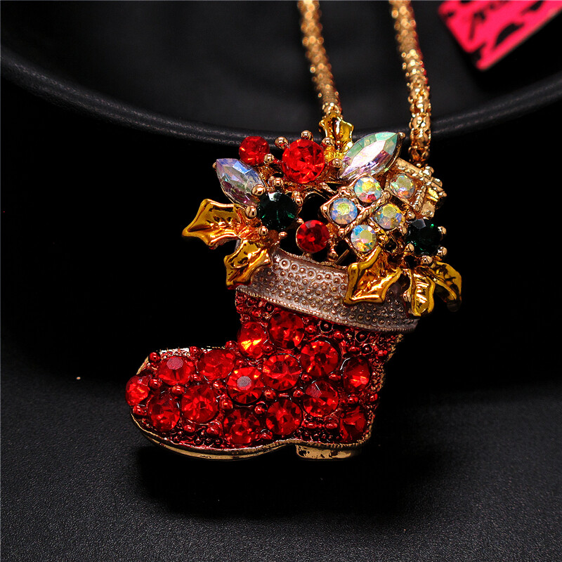 Fashion Women Red Rhinestone Enamel Christmas boots Pendant Sweater Necklace