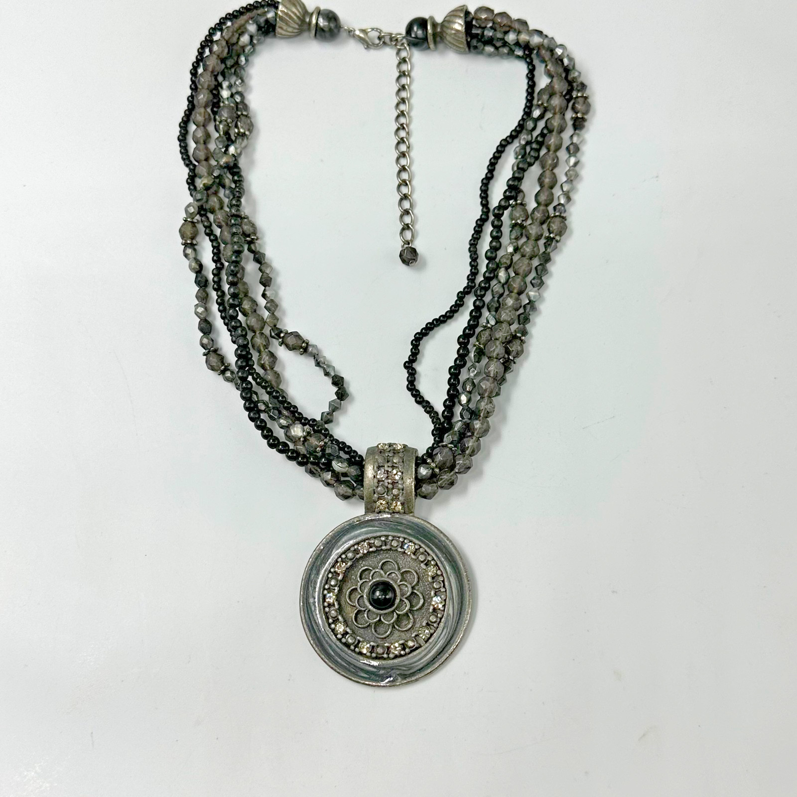 Black Grey Beaded Necklace Round Medallion Multistrand Boho Chic Adjustable