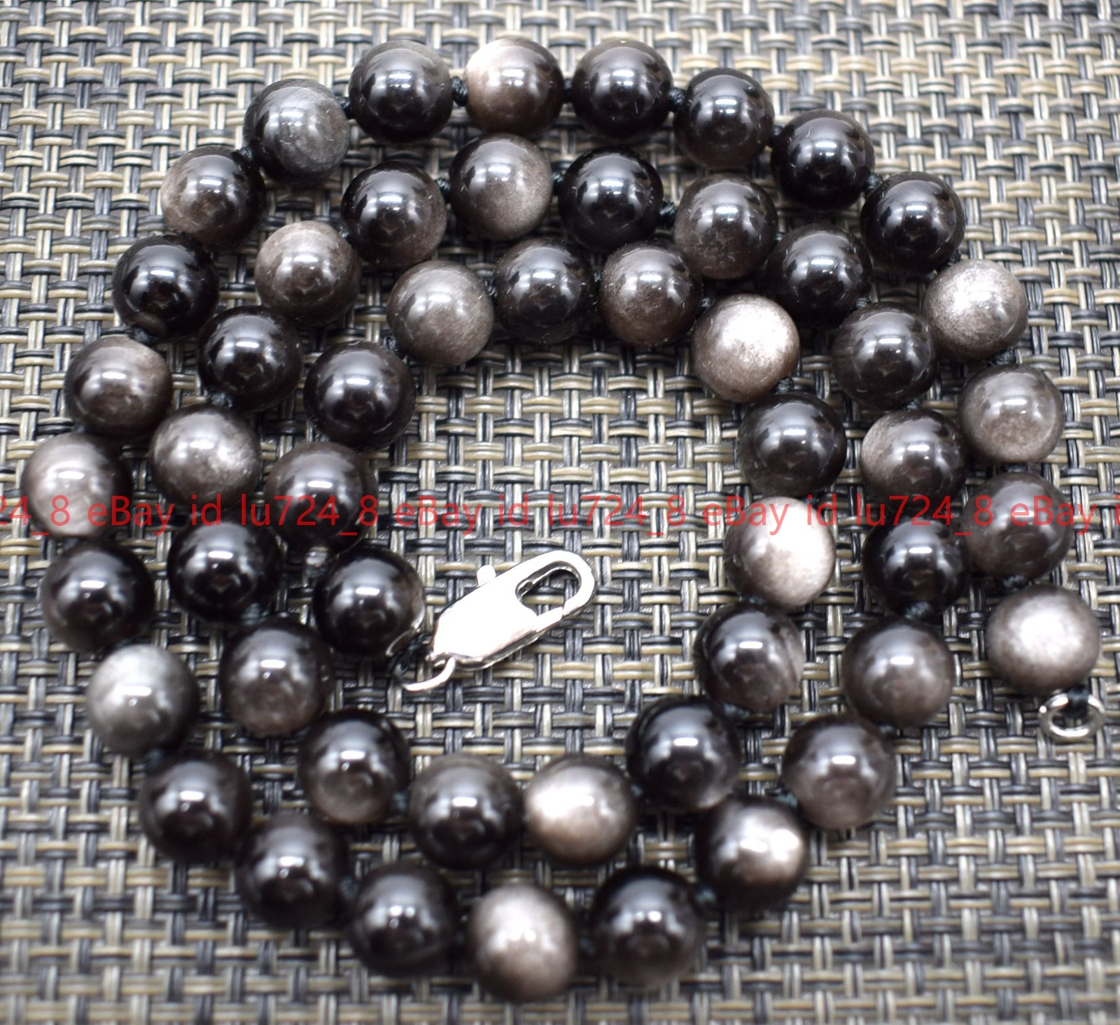 Natural 6-16mm Silver Obsidian Round Gemstone Beads Necklace Silver Clasp 18″
