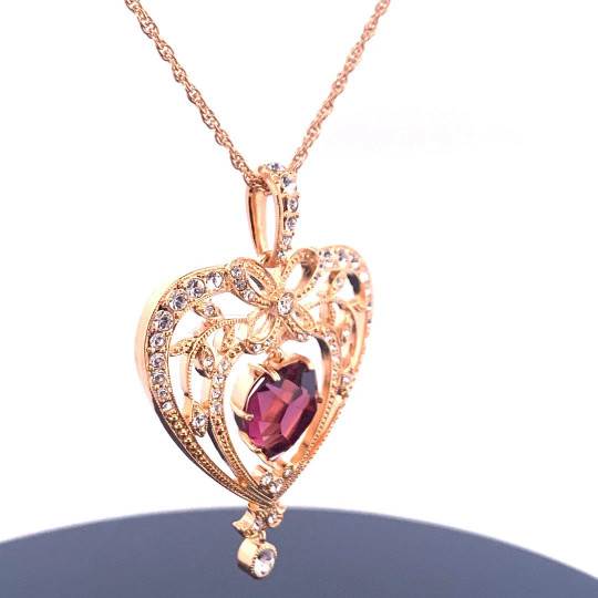 February Birthstone Gold Plated Necklace Set With Heart Shaped Amethyst Crystal
