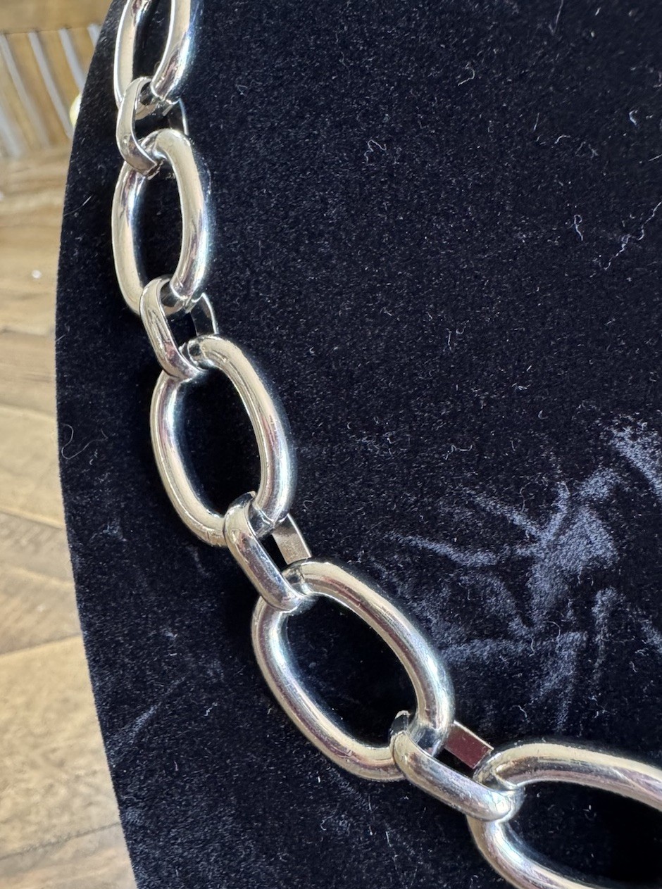Silver Tone Oval Link Chain Statement Necklace Adjustable Lobster Closure- C.H.