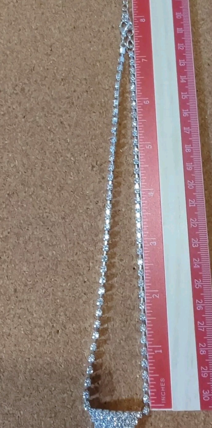Rhinestone Necktie Silver Tone Necklace 16″ + 7″ Sparkly Dangle Tie Valentines