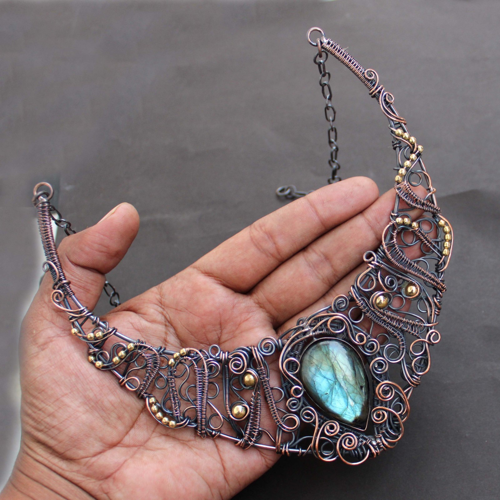 Natural Labradorite Necklace Jewelry Copper Wire Wrapped Chain Necklace 18.0″