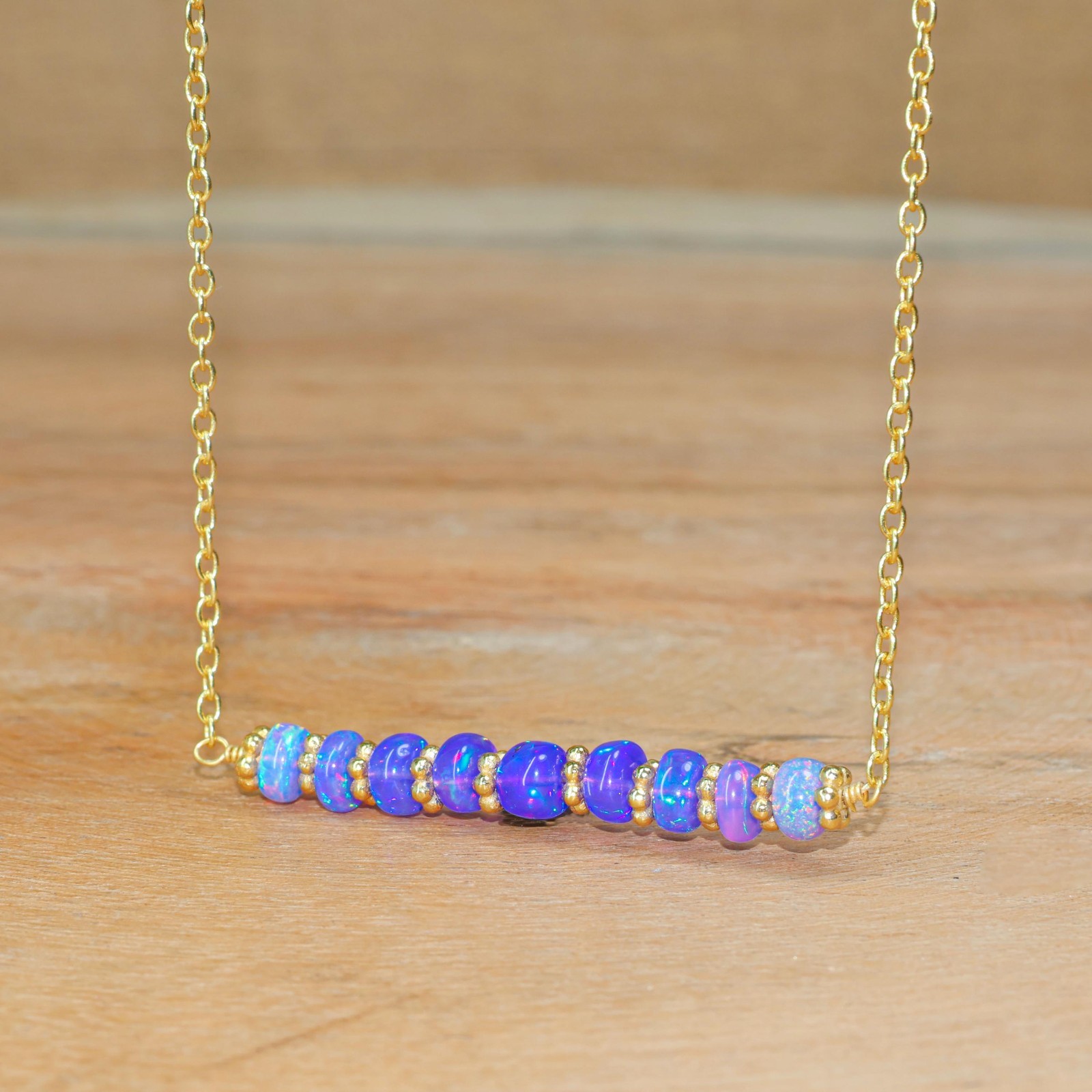 Lavender Fire Opal Bar Necklace, Natural fire Opal Gemstone Gold Chain Necklace