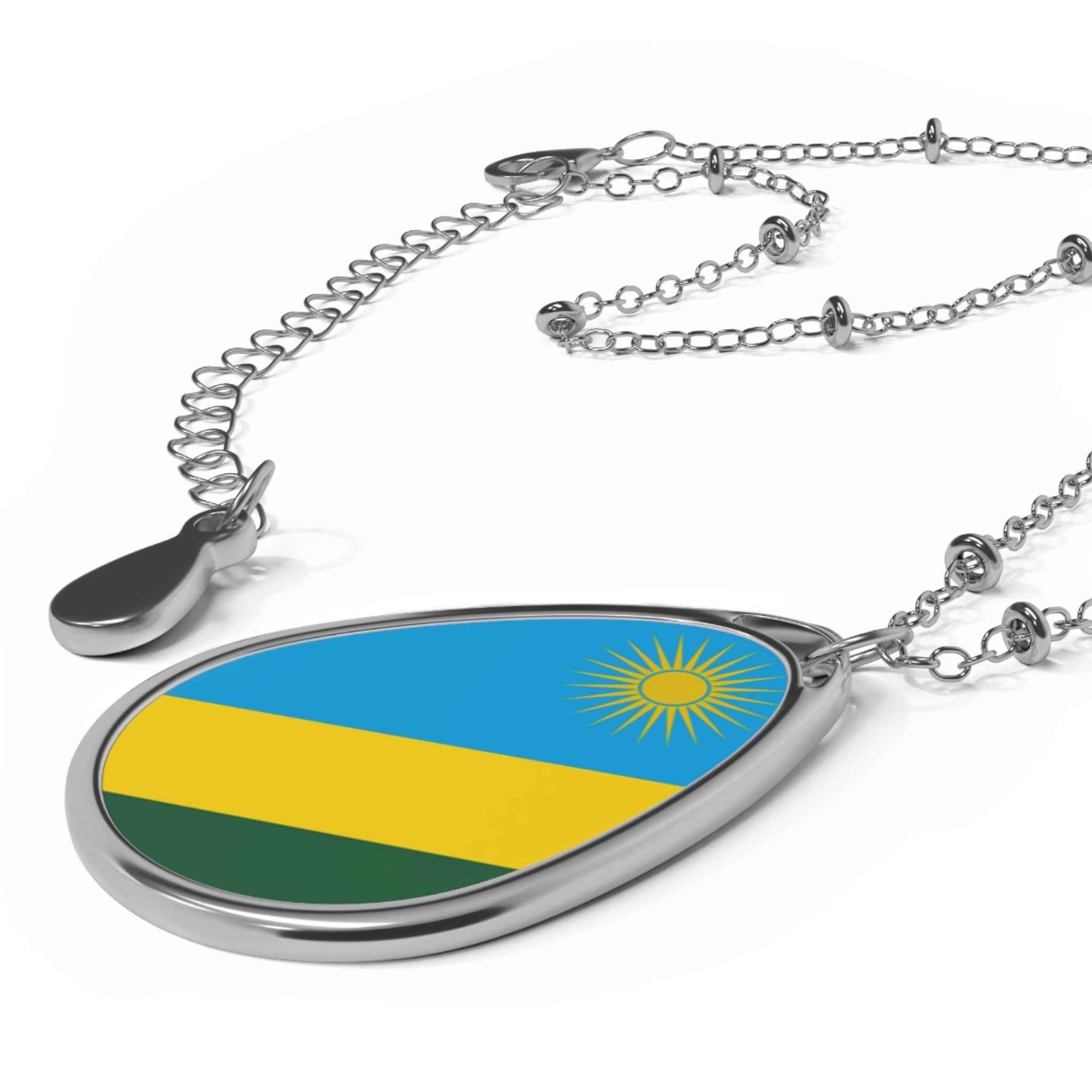 Rwanda Flag Oval Necklace – Rwandan Heritage Pendant – One Size / Silver