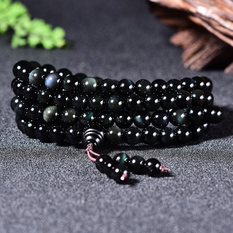Rainbow Eye Obsidian 108 Mala Beads Prayer Necklace Multilayers Healing Bracelet