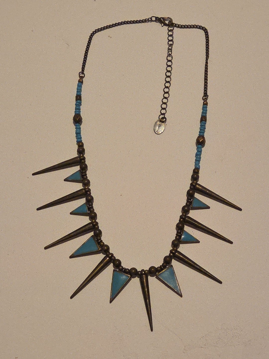 Claires Bronze spike Turquoise Enamel necklace punk goth beaded tribal 17-20”