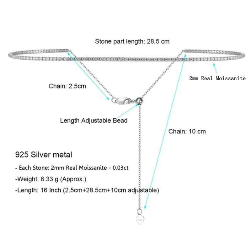 2mm Real Moissanite Tennis Chain Necklace 925 Sterling Silver Adjustable Choker