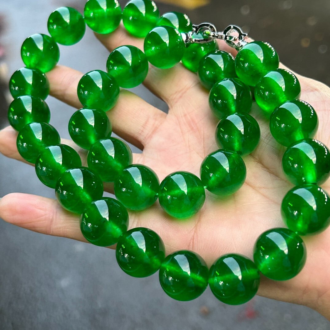 17mm Real Natural Perfect Ice Green Myanmar Beads Jade jadeite Necklaces