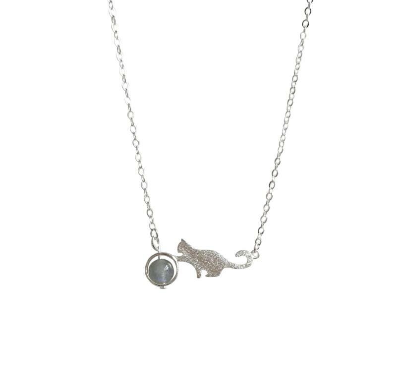 Tiny Crystal Ball & Cat Silver SP Pendant Chain Kitten Necklace