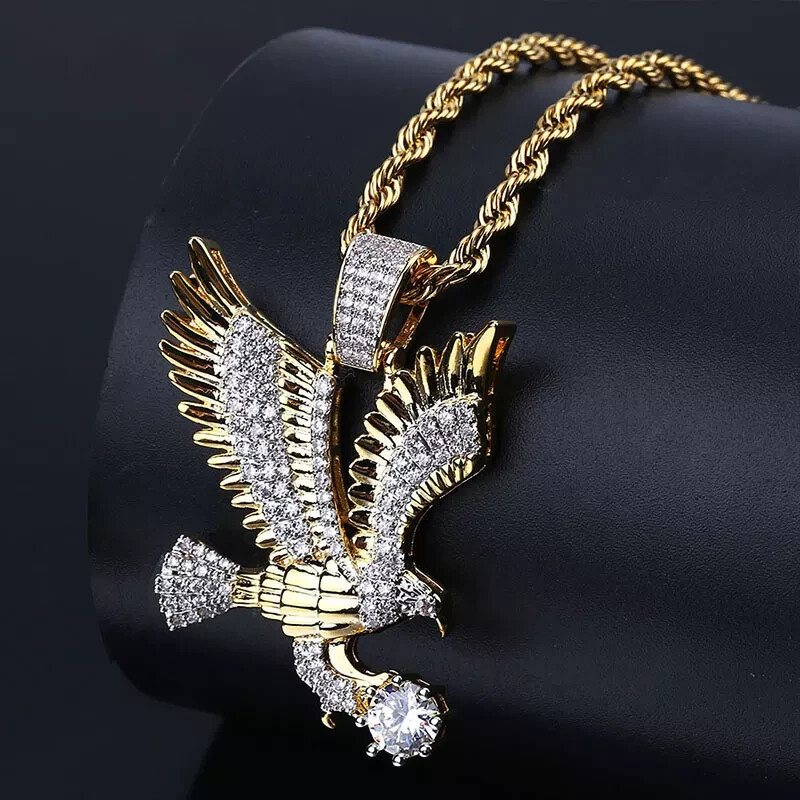 Iced Eagle Charm – Gold Tone Pendant w/ 24″ Chain – Men’s Hip Hop Jewelry