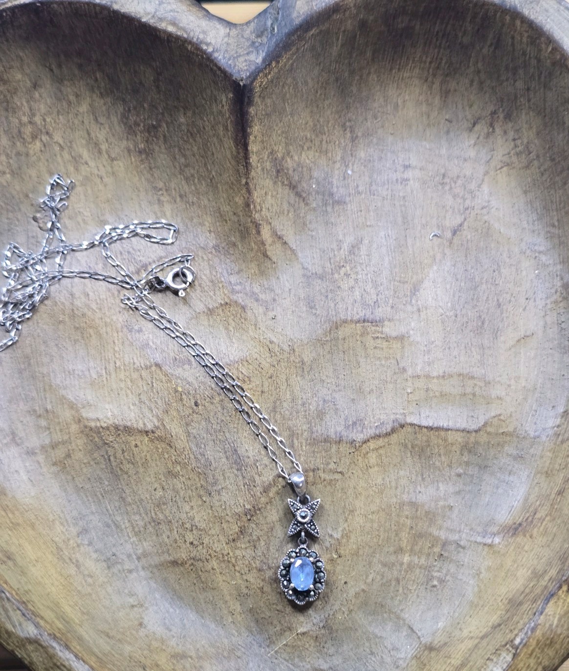 Sterling Silver Pendant Necklace Blue Stone & Marcasite Cluster