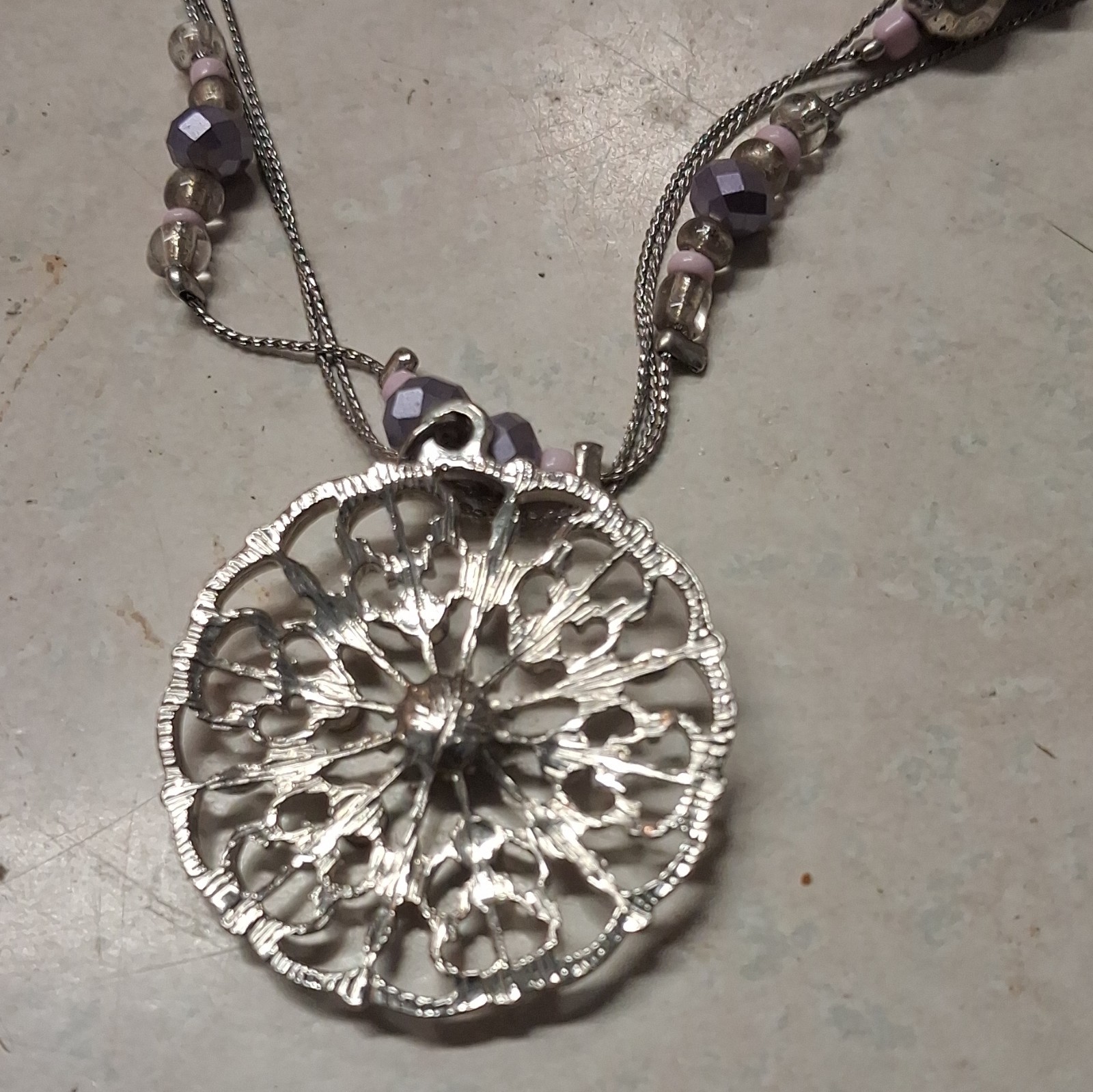 Silver Tone Filigree Round Medallion Pendant Necklace, Purple Beads, Snake