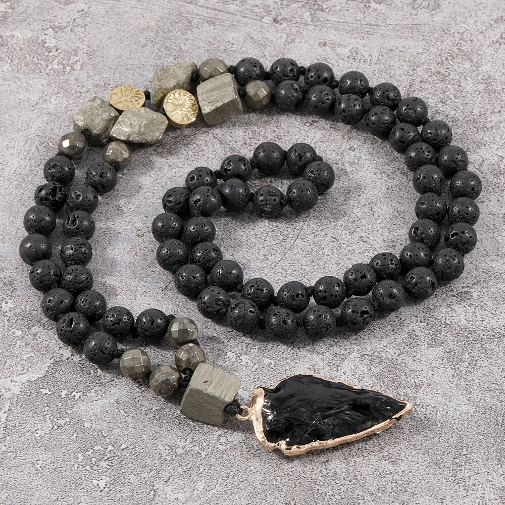 Natural Lava Rock Volcano Stone Beads Necklace Obsidian Arrow Charm Necklace
