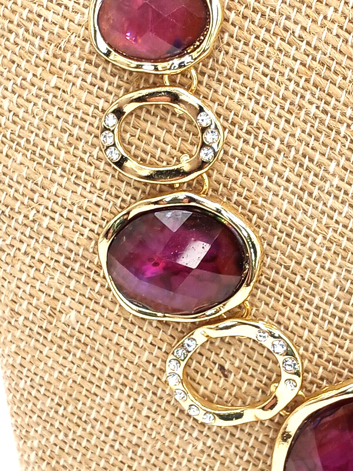 Purple Faceted Acrylic Gem and Colorless Rhinestone in Gold Tone Necklace Marked