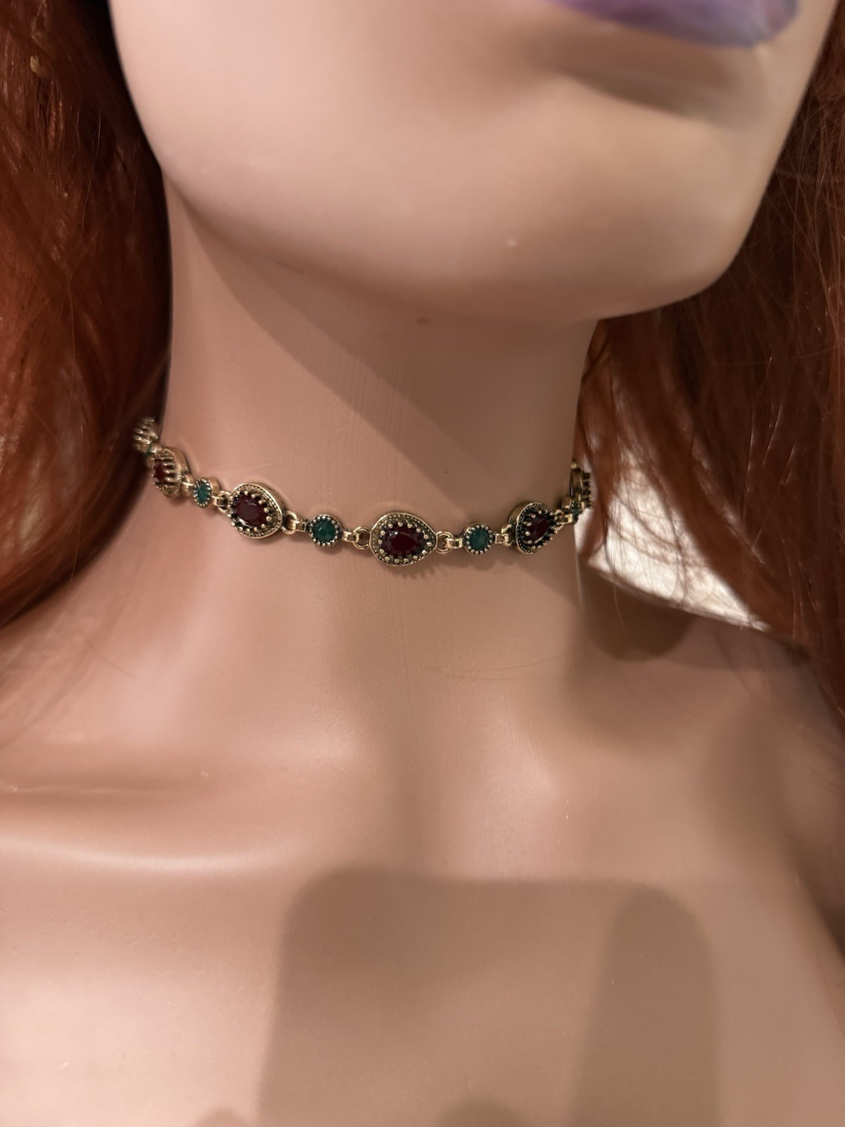 Gold Choker Necklace Chunky Statement Red Green