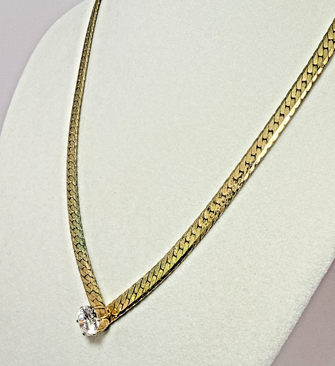 Vintage Gold Tone Flat Herringbone Chain Cubic Zirconia Solitaire Choker