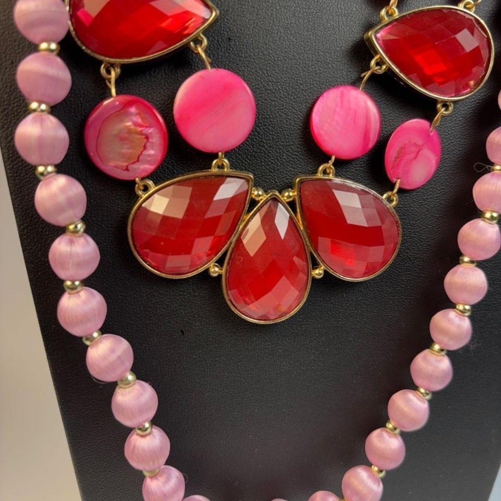 Glam necklace collection with pearl, pink, and gold tone
