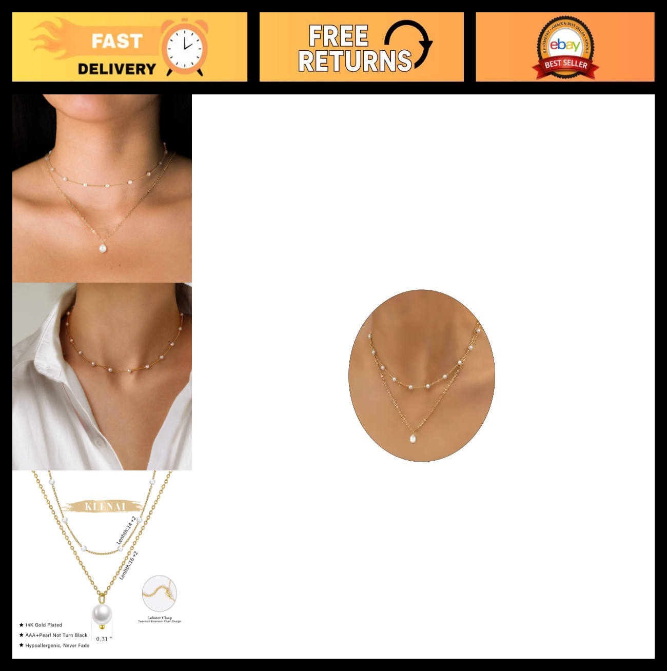 Elegant Gold Pearl Necklace – 14K Gold Plated Layered Herringbone Chain, Trendy