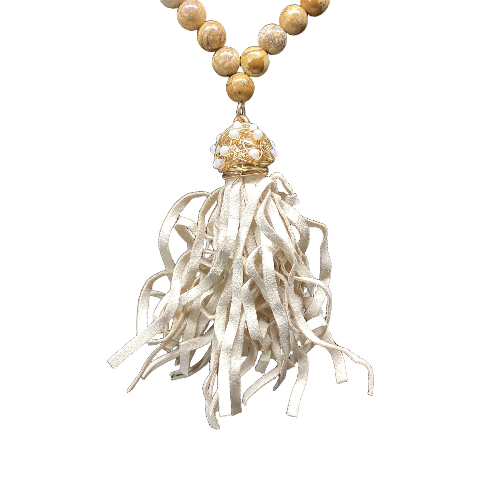 Wood bead Tassel Necklace Womens Beige Brown Boho Beaded Tassel Unique