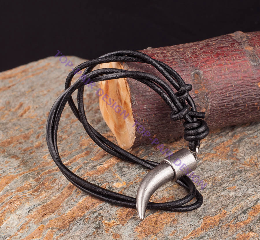 PN142 HIp-hop Metal Tooth Horn Pendant Mens Real Leather Choker Necklace BLACK
