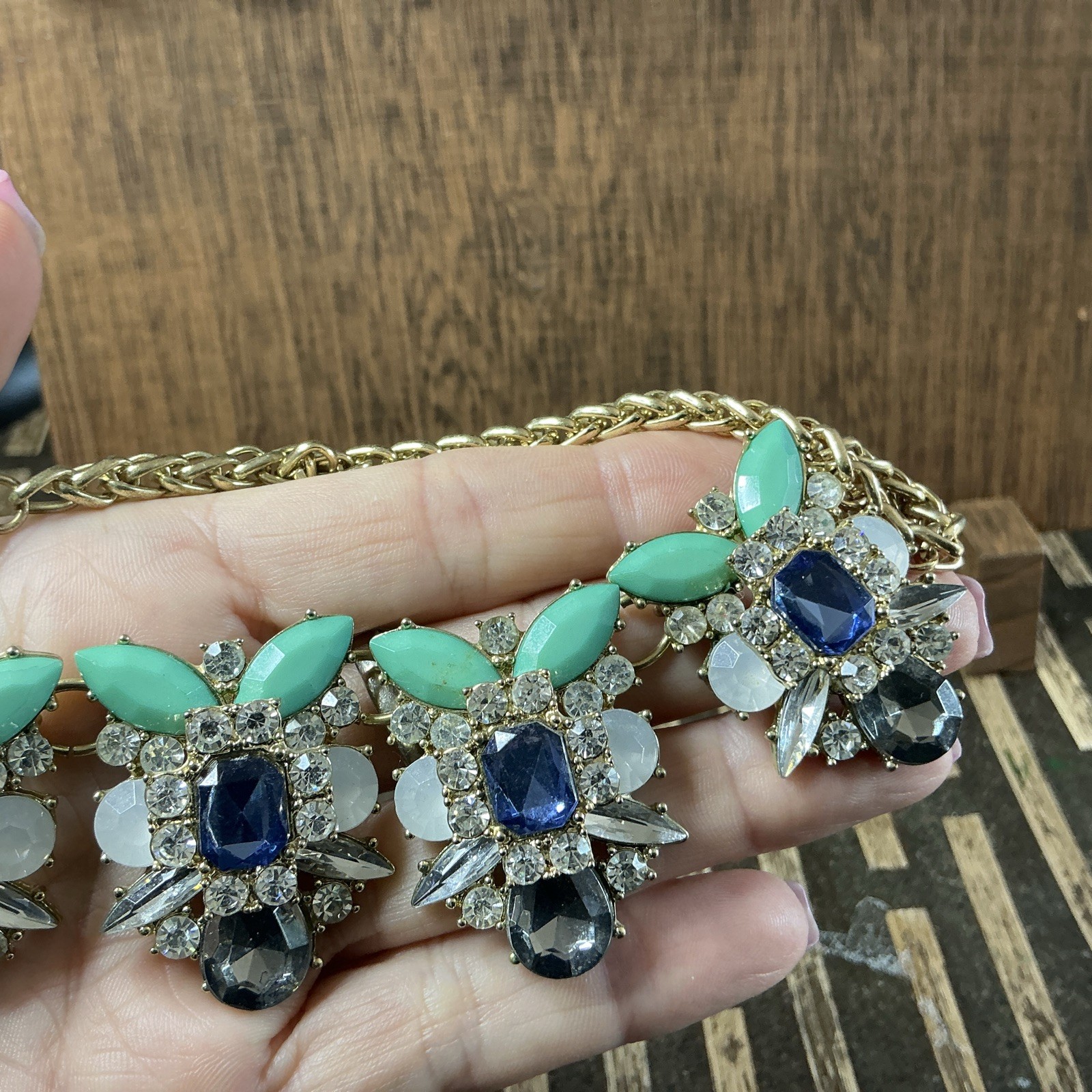Gold Tone Blingy Statement Collar Necklace Crystal Accents Green Blue Clear