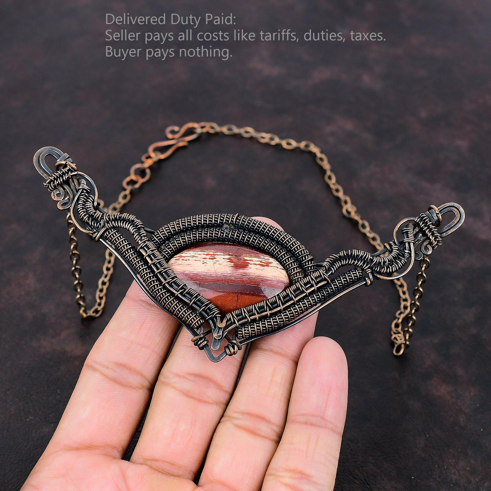 Oval Red Snakeskin Jasper Stone Engagement Wire Wrapped Necklace Jewelry Copper