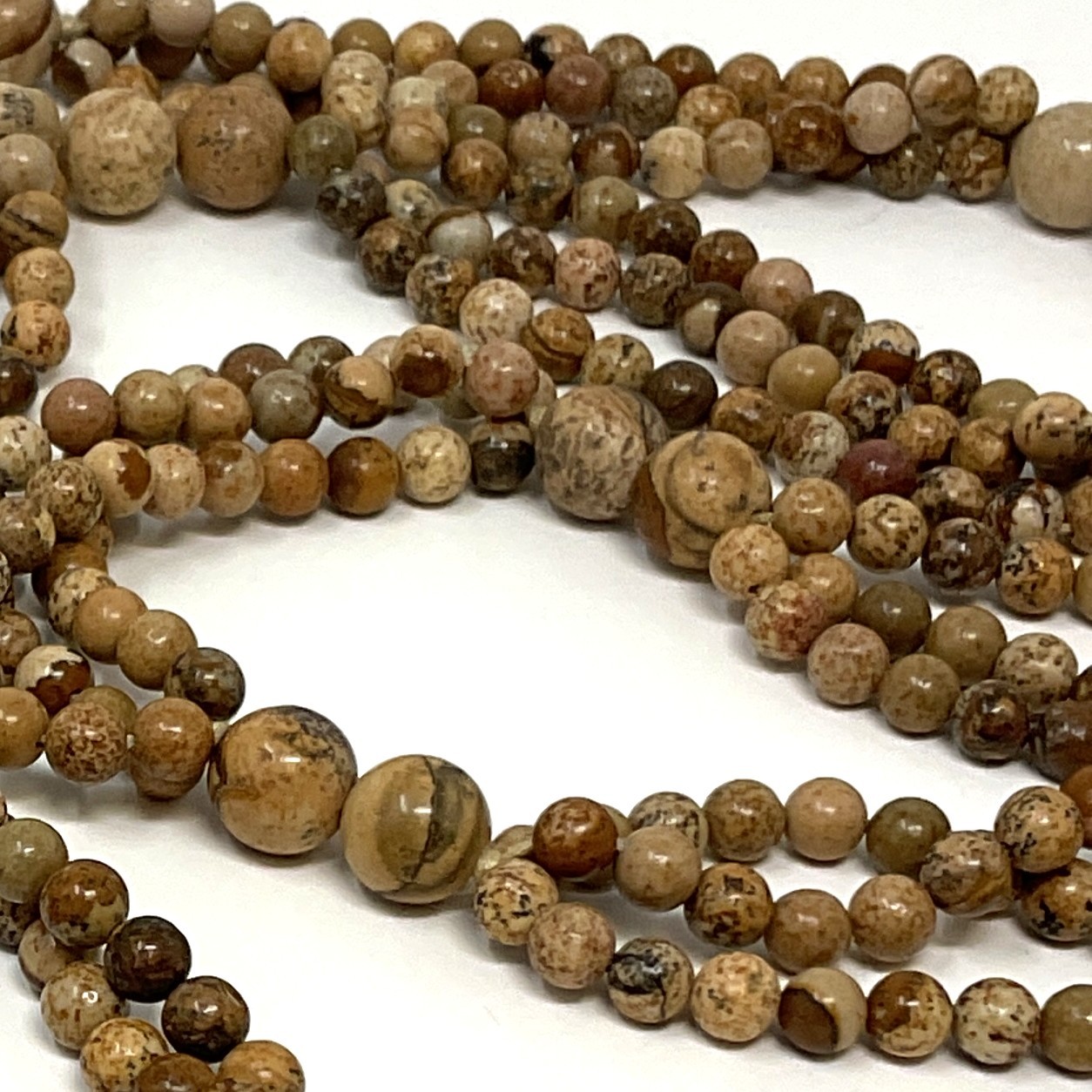 32″ Leopard Skin Jasper Necklace – 3 Strand – 5mm & 10mm Bead Pattern – Natural