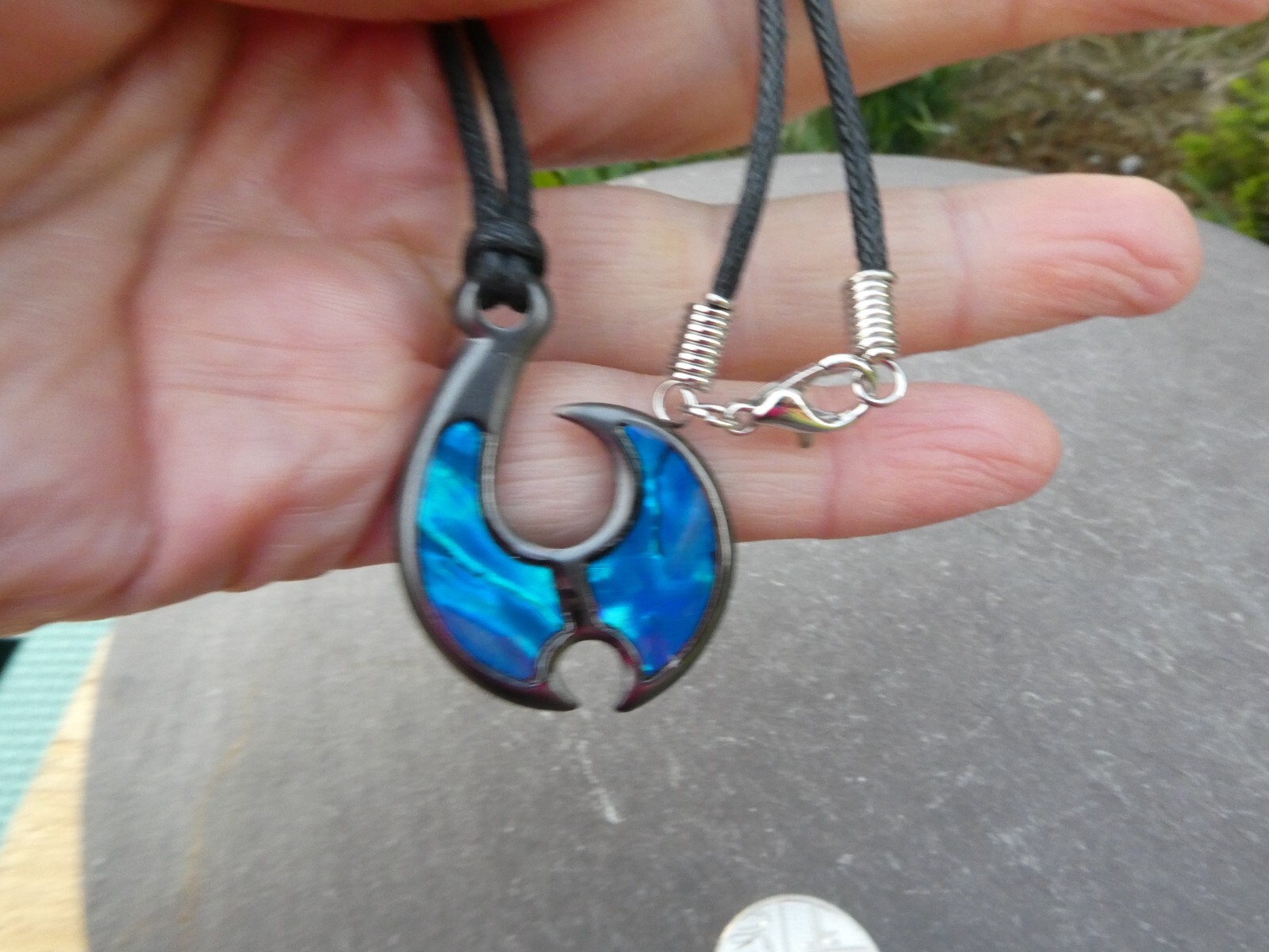 New Zealand Abalone Paua Shell Maori Koru Pendant 18″/46cm Black Cord Necklace