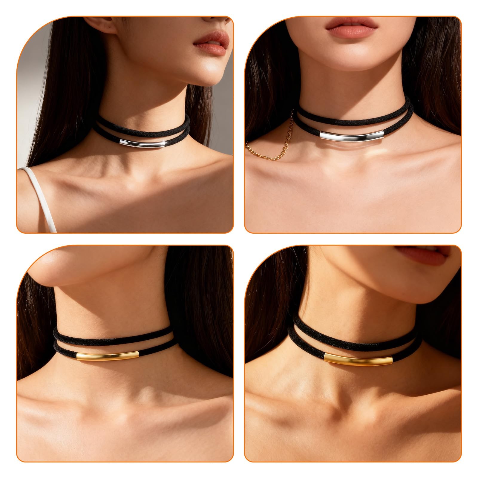 Xosjska 2 PCS Velvet Choker Necklace, Double Layer Medium, black,gold,silver