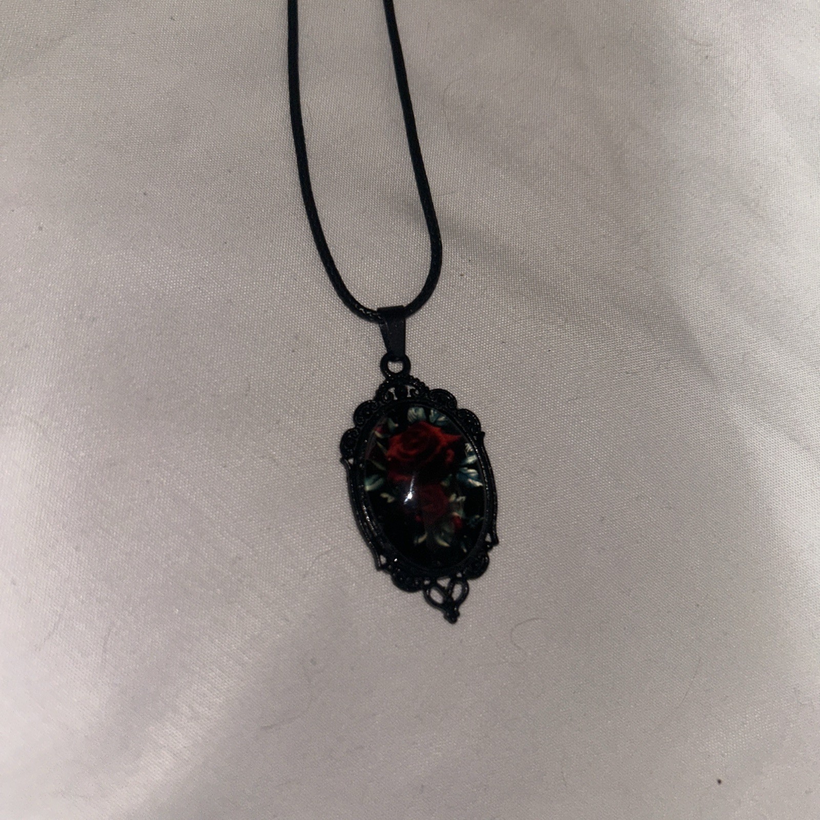 Black Chain Necklace with Burgundy Red Rose Cameo Pendant 20” Long W/extension