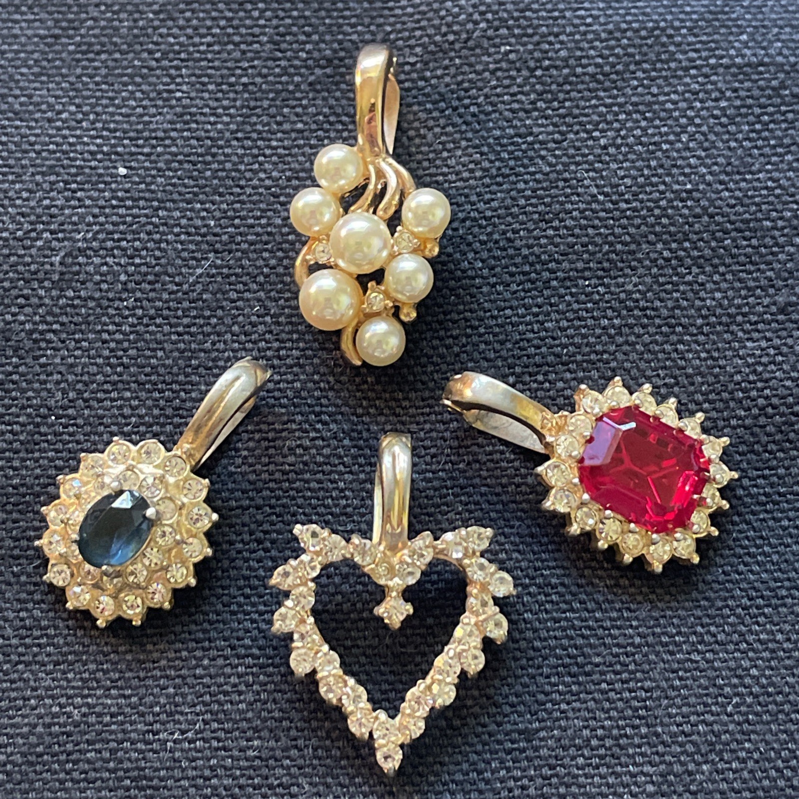 Vintage Roman Signed Pendants Lot of 4 Gold Tone Rhinestone Faux Pearl & Stones
