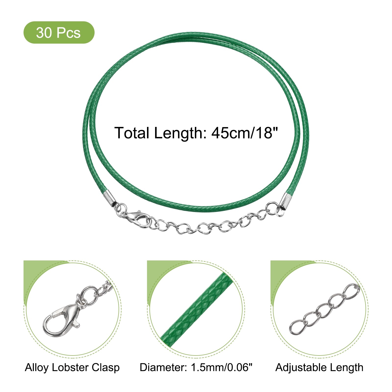 30pcs 18 Inch Waxed Necklace Cord 1.5mm for Jewelry Making,Green