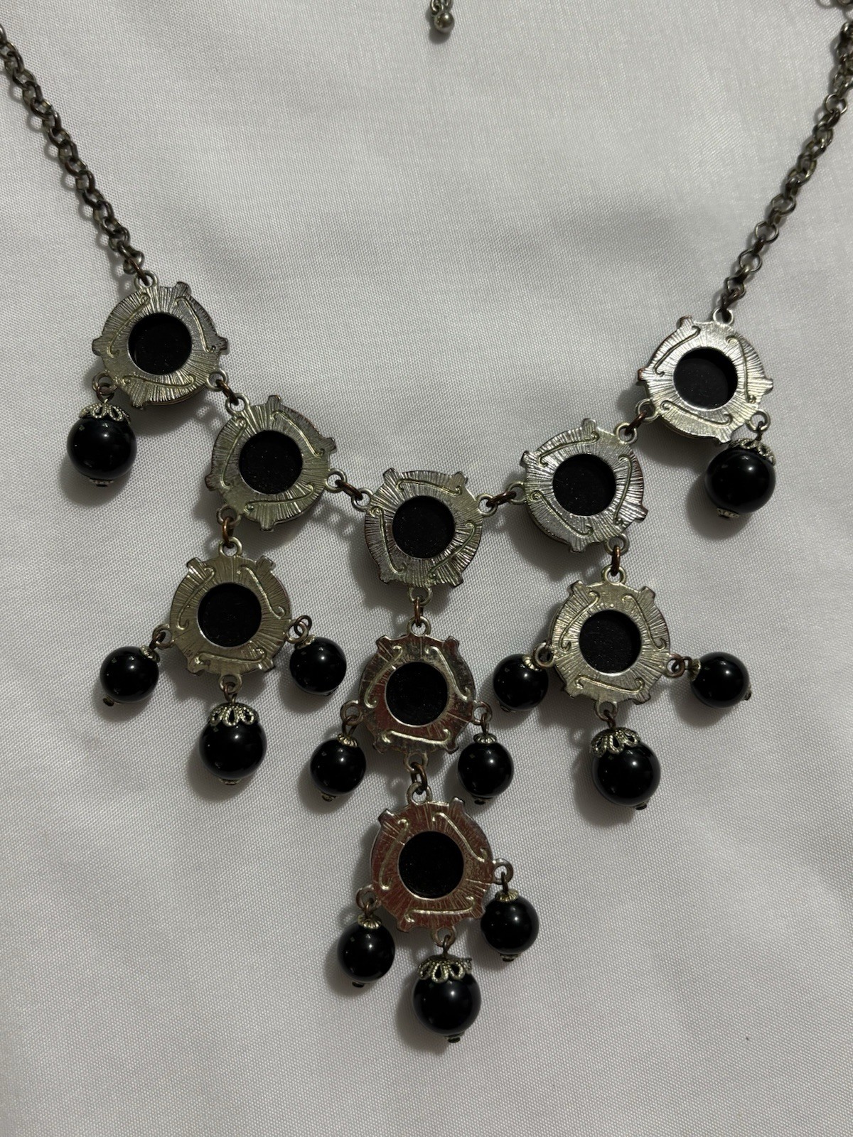 Black & Silver Statement Bib Necklace, Cable Chain, Lobster Clasp, 19-24 in