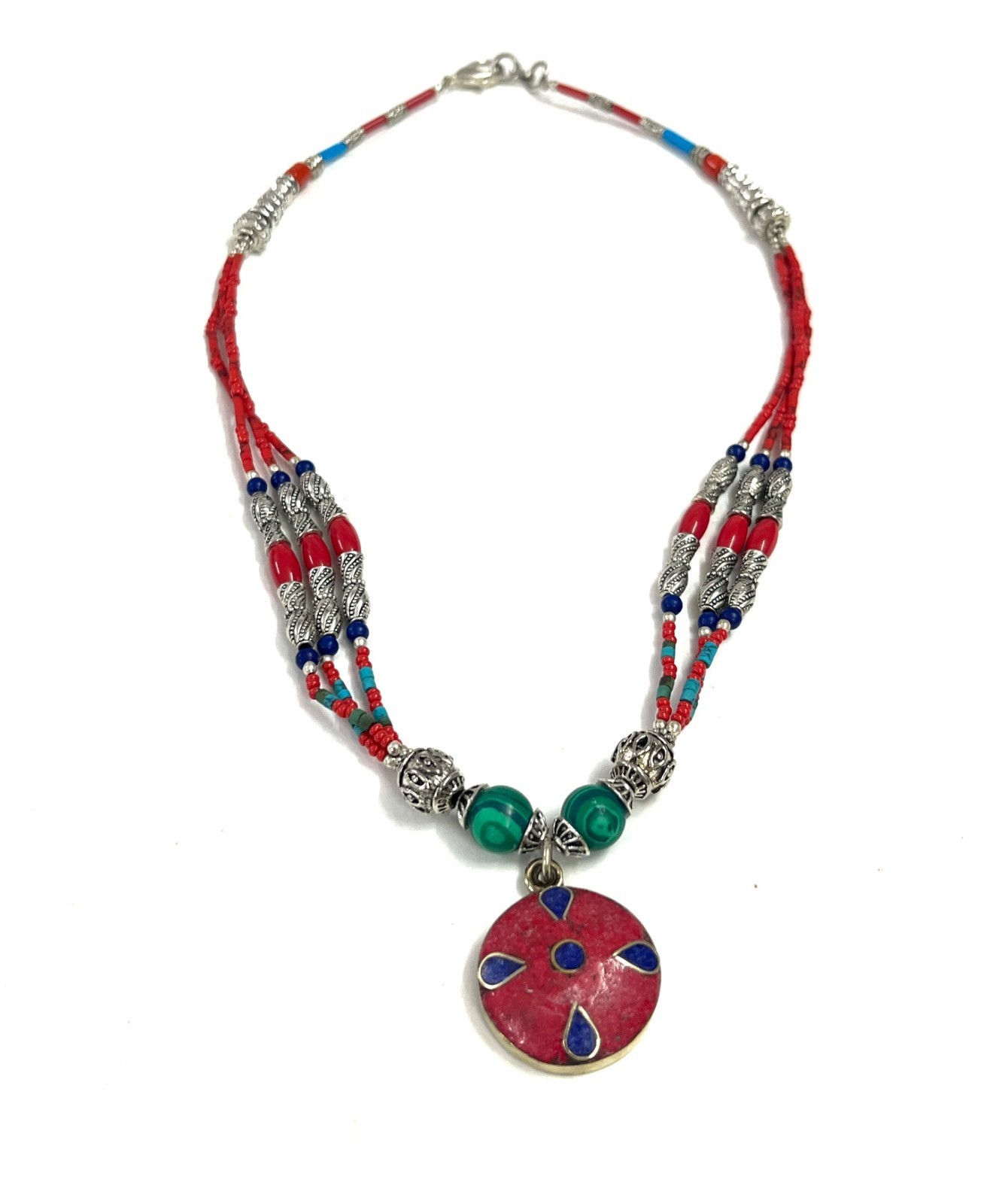 Vintage Red Coral Gemstone Tibetan Statement Necklace Jewelry, 18 inch Adjus