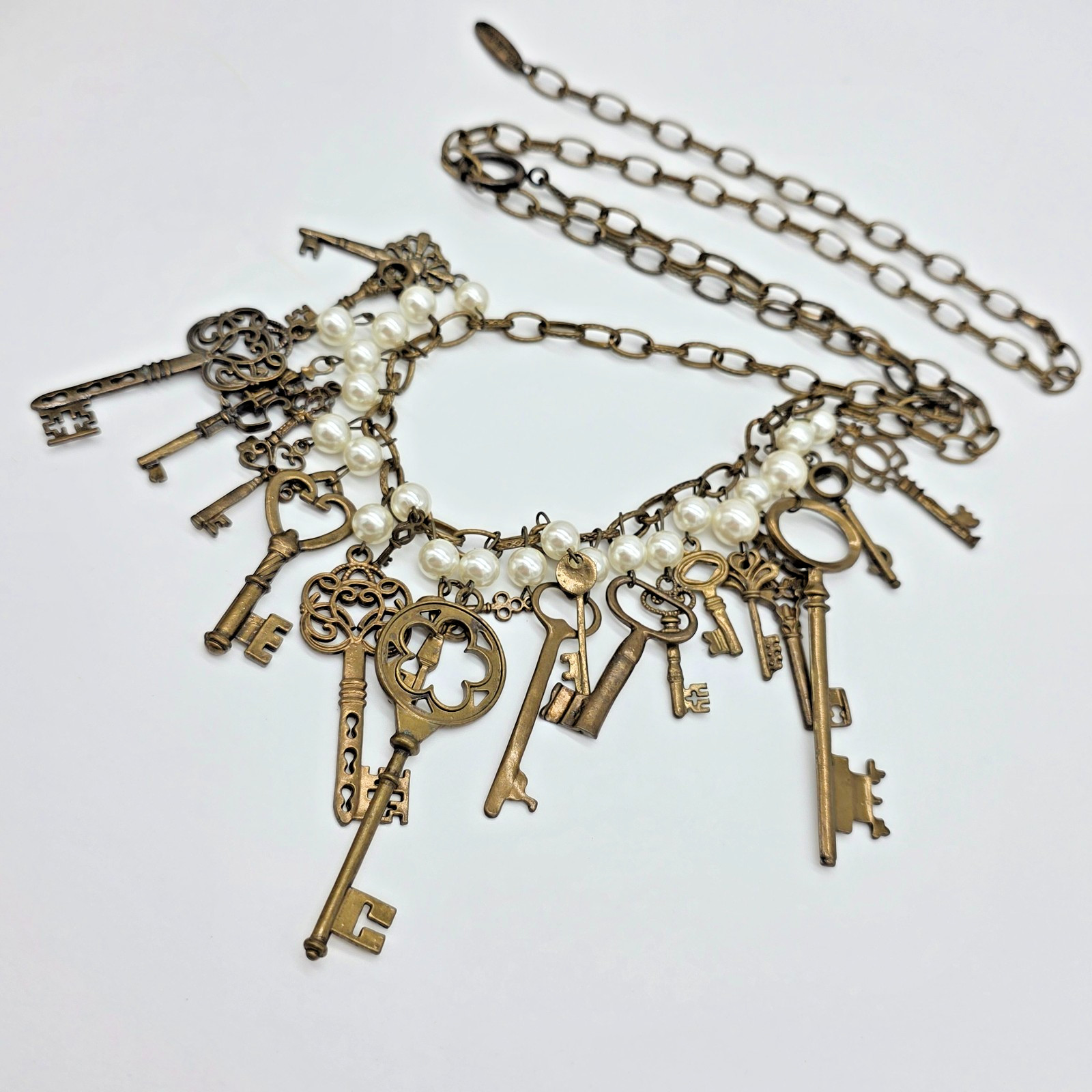 Plunder QUINCY Antique Bronze Fringe Necklace Pearls Brass Skeleton Keys 36”