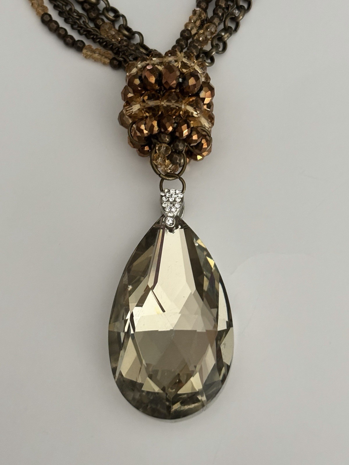 Smoky Crystal Teardrop Pendant Brown Bronze Multi Strand Necklace 18”