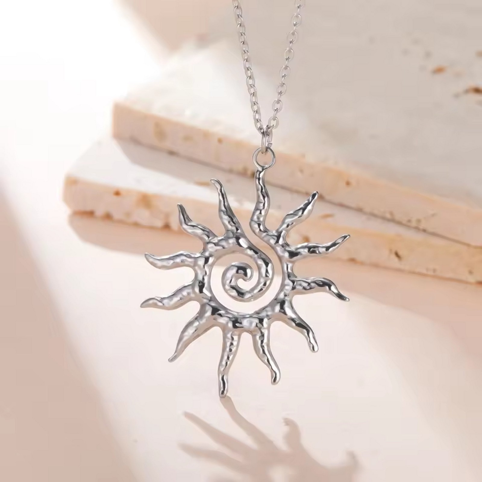 Sun Necklace Silver 316L Stainless Steel Summer Vacation Beach Pendant Womens