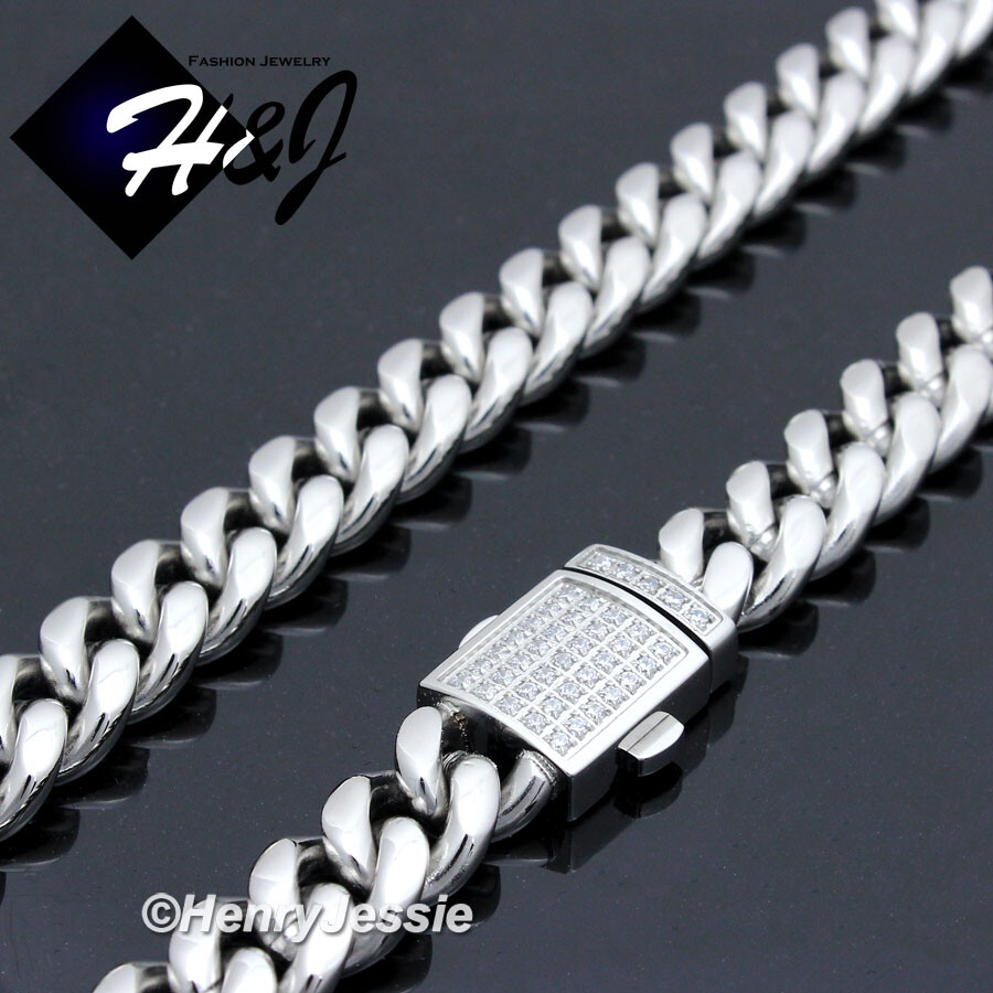 18″-40″Stainless Steel 7/10/12mm Silver BLING CZ Miami Cuban Curb Necklace*N165